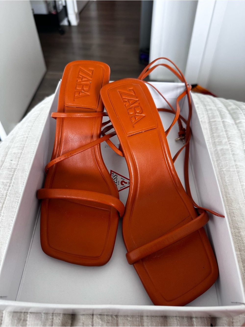 ZARA Orange Minimal Strappy Square-Toe Sandals